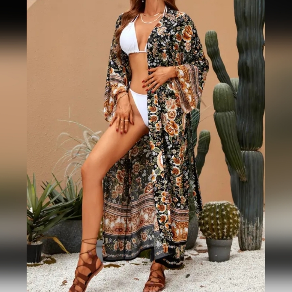 Dark Amber Floral Prancing Pony Boho Kimono Robe
